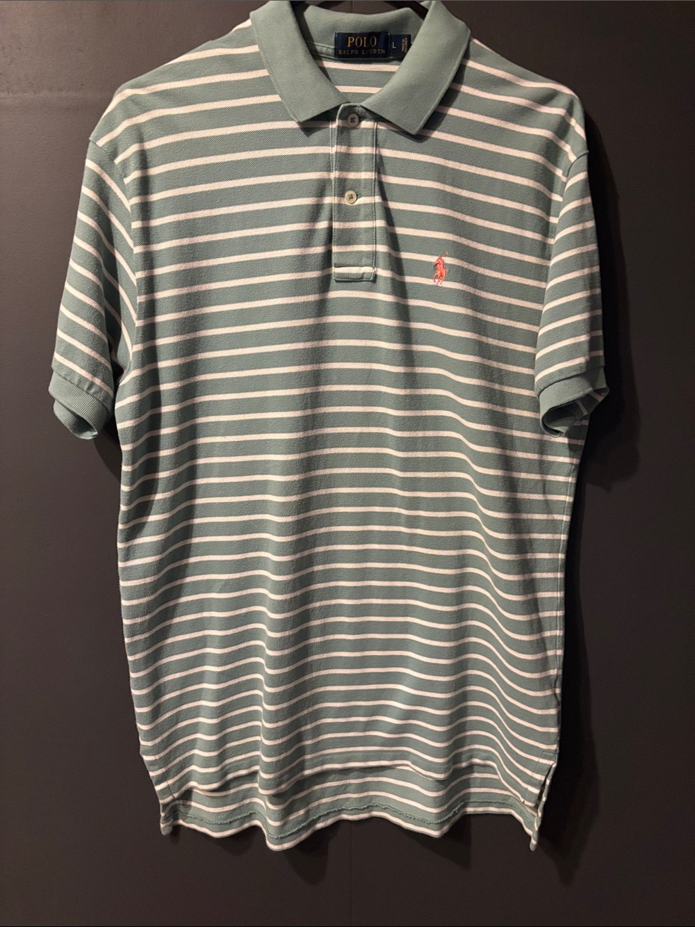 Polo by Ralph Lauren Men’s Mint Green & White Striped Polo with Coral Logo